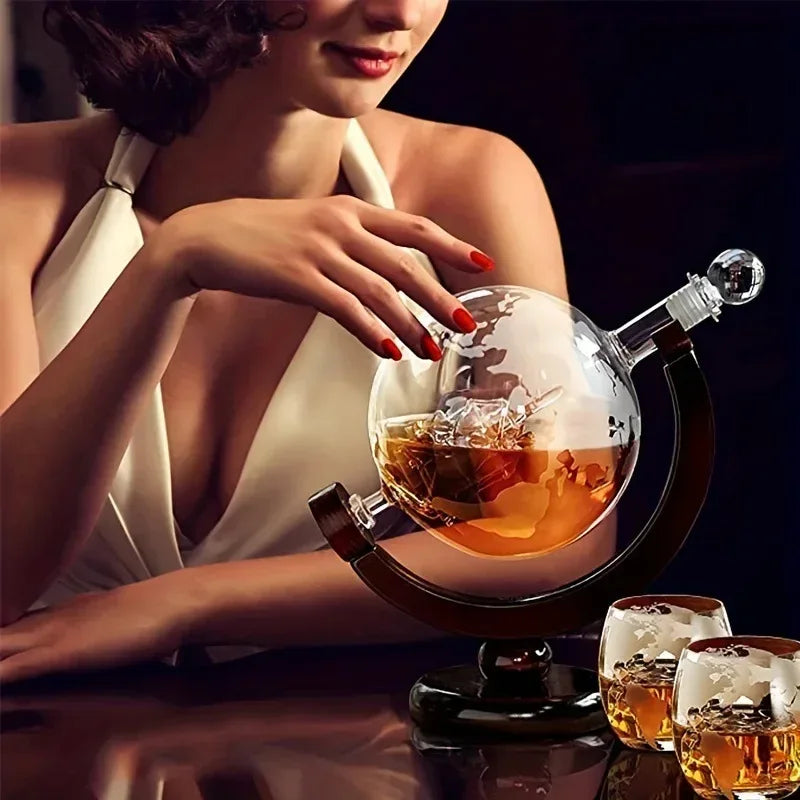 Globe Juice Dispenser with 4 Glasses & Wooden Rack