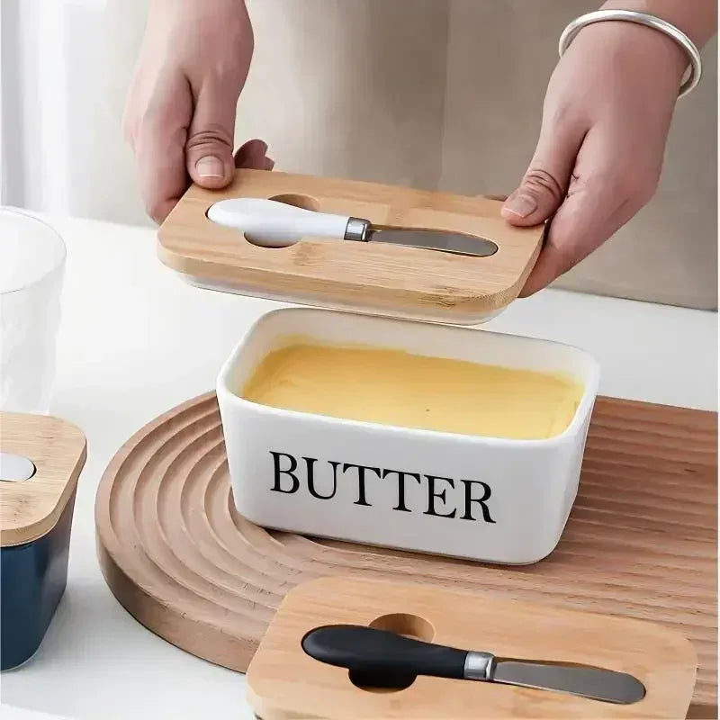 Ceramic Butter & Cheese Container with Wooden Lid