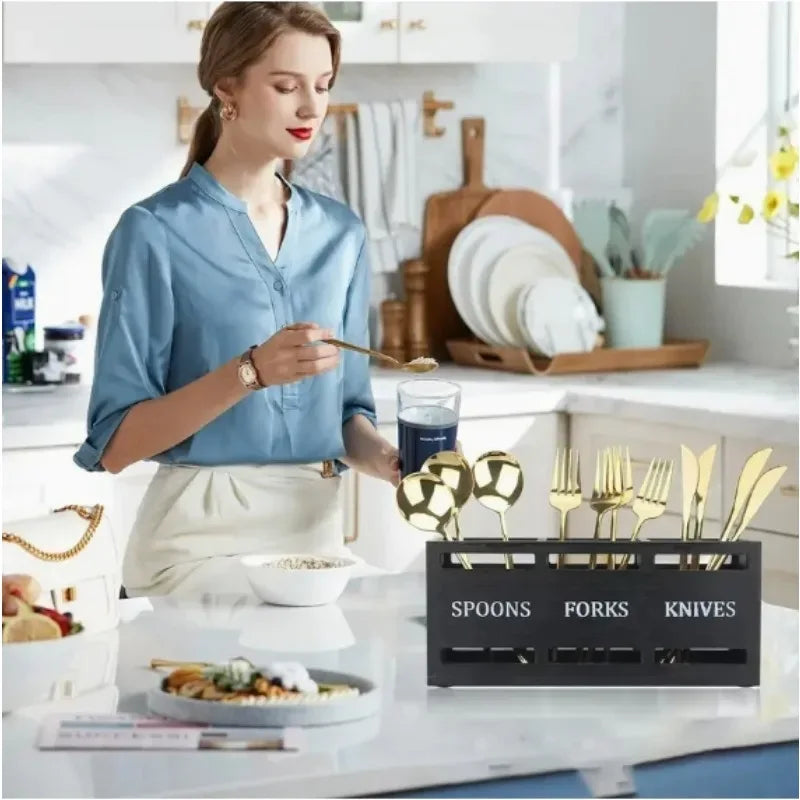 Wooden Cutlery Organizer Box – Multi-Compartment Storage
