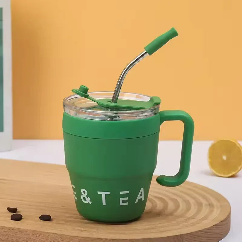 Stainless Steel Straw Lid Bottle 480ml – Hot & Cold Thermos (Random Color)