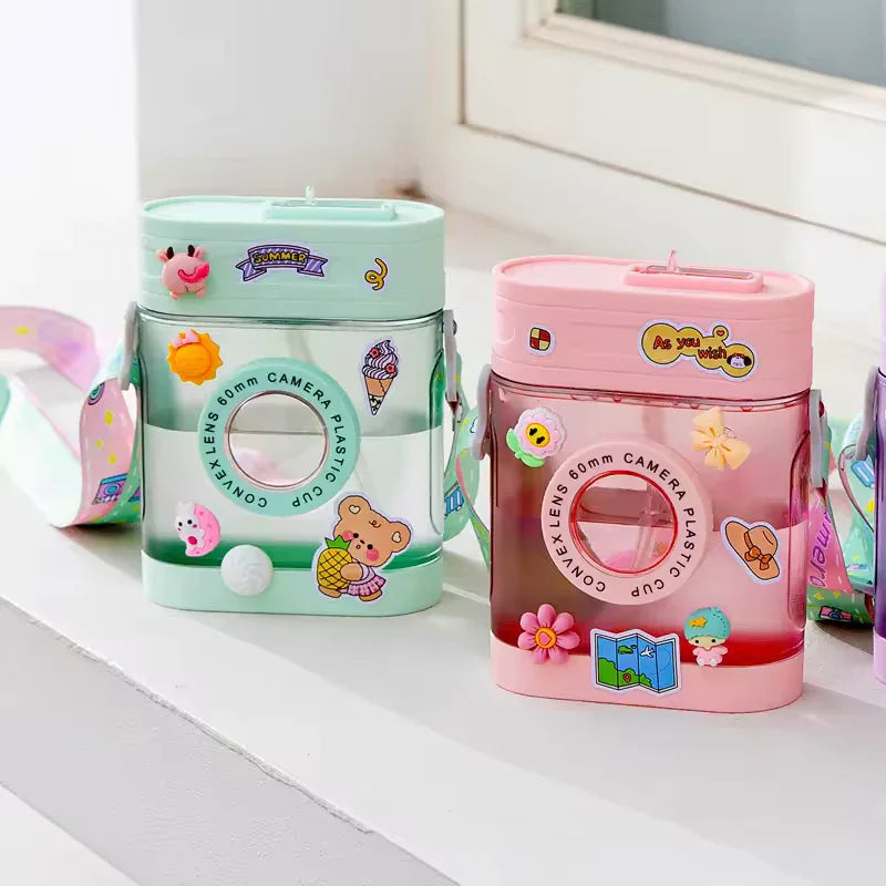 400ml Camera-Shaped Water Bottle – Kawaii Straw Bottle with Strap