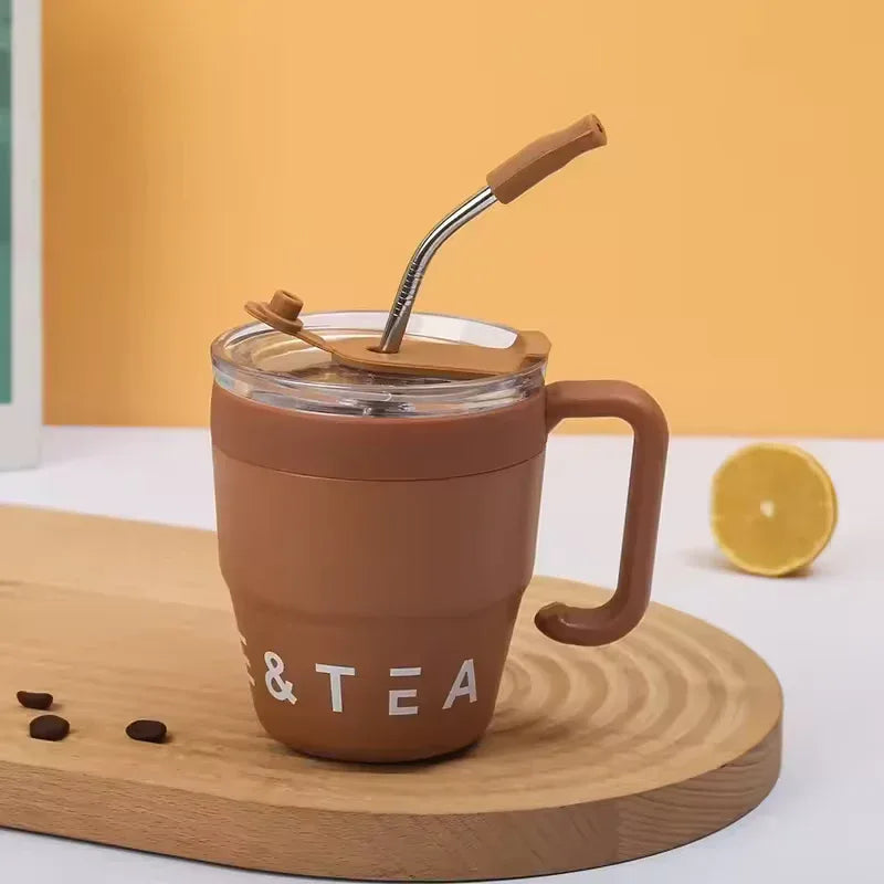 Stainless Steel Straw Lid Bottle 480ml – Hot & Cold Thermos (Random Color)