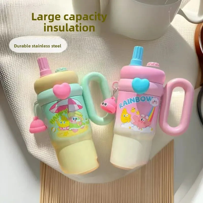 Large Cartoon Straw Cup – Insulated Water Bottle (Random Color)