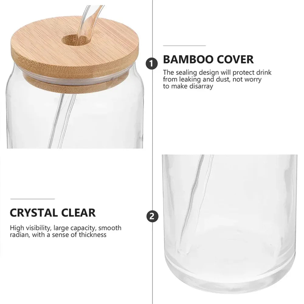 Glass Cup with Bamboo Lid & Straw – 350ml Mason Jar
