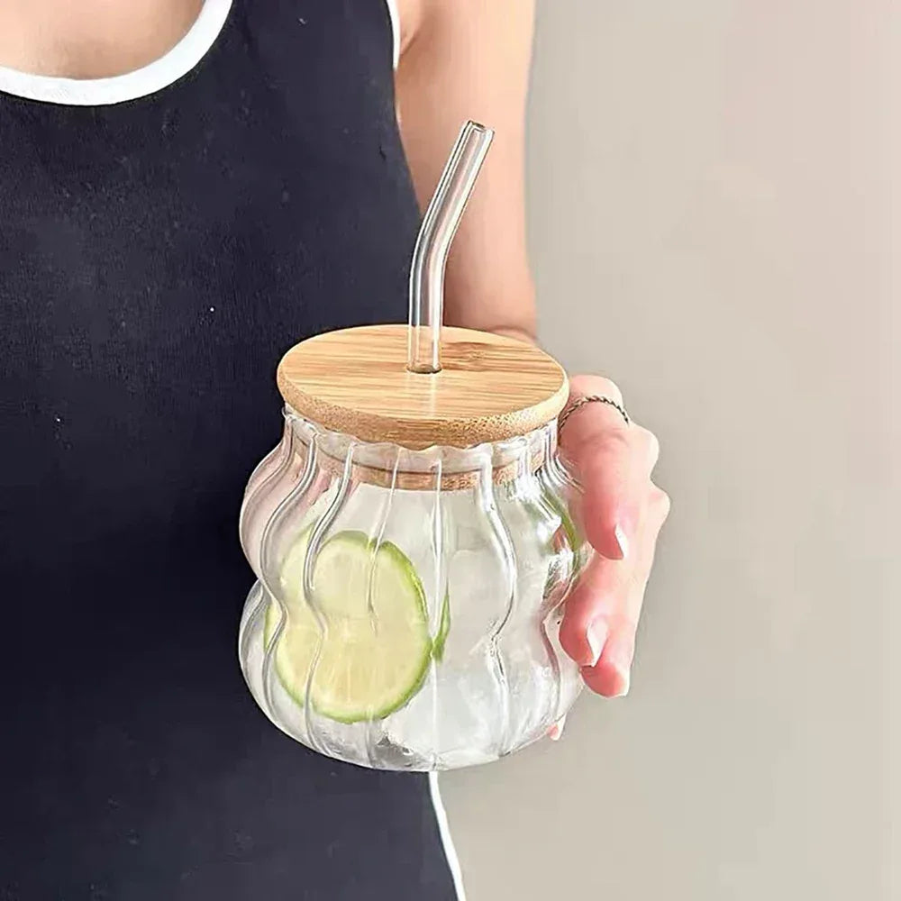 Straw glass with wooden lid 350ml