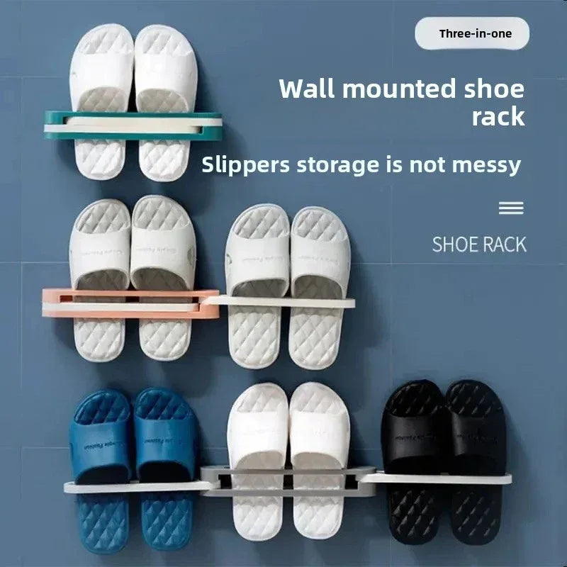 3-in-1 Wall Mounted Slipper Rack – No-Drill Bathroom Shoe & Towel Holder