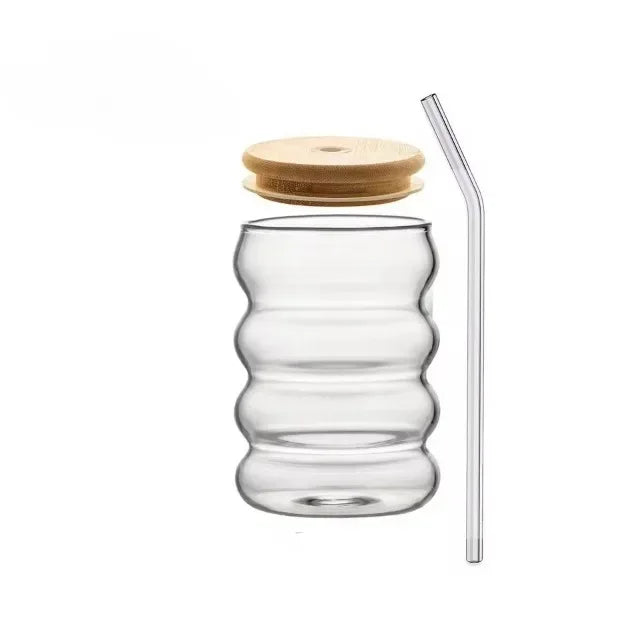 Heat-Resistant Glass Cup with Lid & Straw – Wave Design