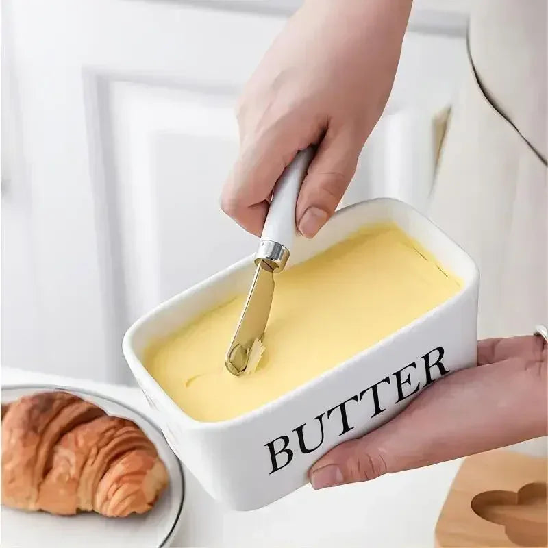 Ceramic Butter & Cheese Container with Wooden Lid