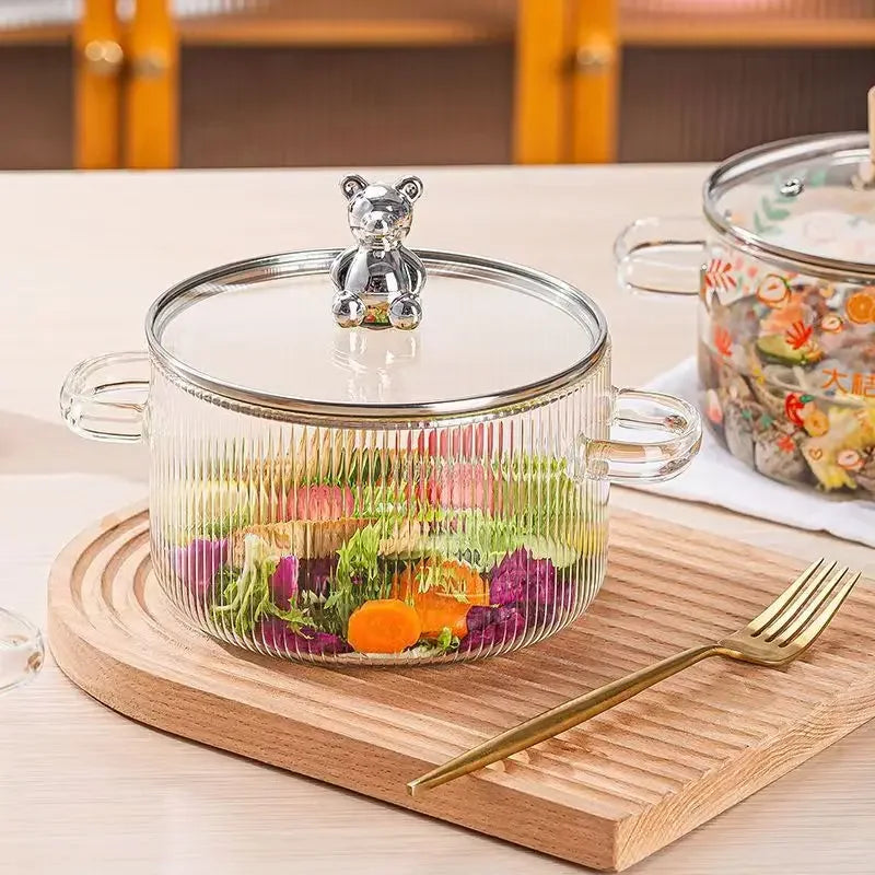Premium Silver Bear Ribbed Glass Cooking Pot - 2000ml