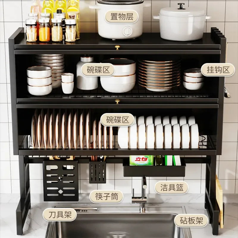 Double-Layer Kitchen Counter Dish Rack – Sink Drain Organizer with Knife Cup & Chopstick Tube