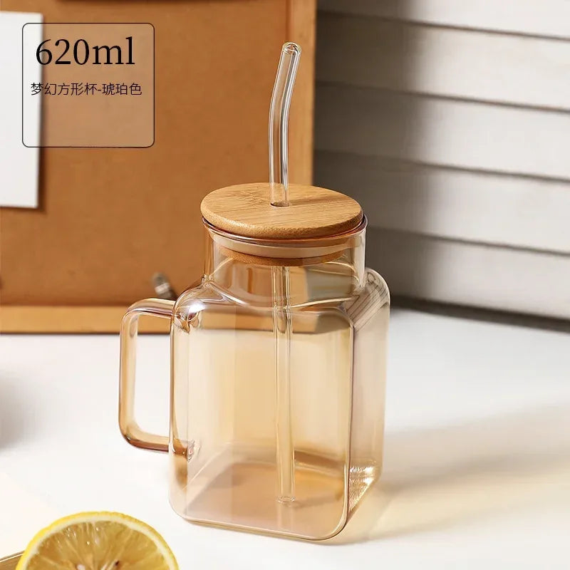 Square Mason Jar with Straw – Glass Drinking Cup (620ml)