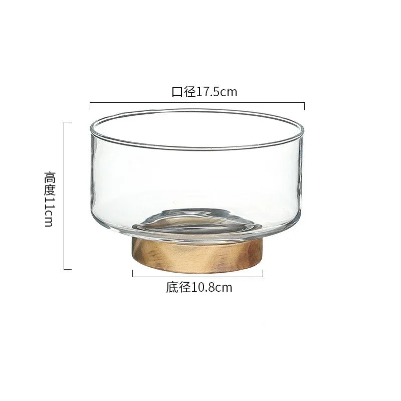 Japanese Style Glass Fruit Plate Holder with Wood Base