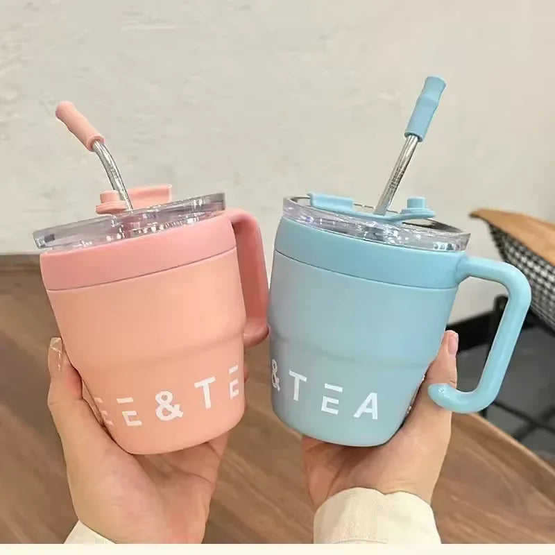Stainless Steel Straw Lid Bottle 480ml – Hot & Cold Thermos (Random Color)