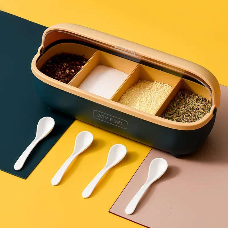 4-Compartment Spice Rack with Lid – Kitchen Seasoning Box with Spoons