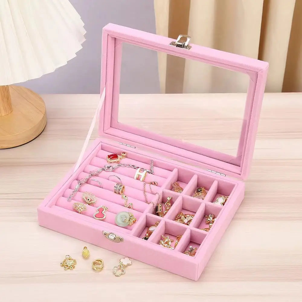 Thickened Velvet Jewelry Box - Dustproof Lockable Ring & Earring Organizer (Random color)
