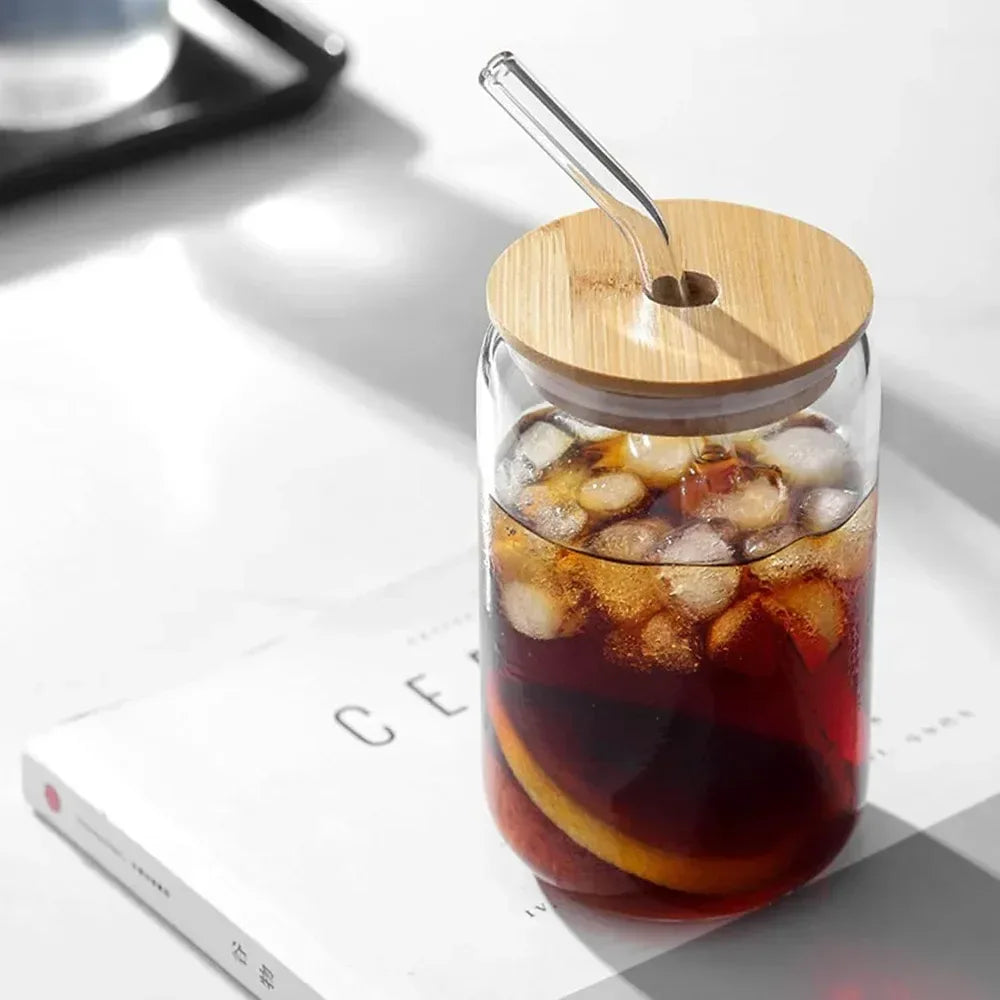 Glass Cup with Bamboo Lid & Straw – 350ml Mason Jar