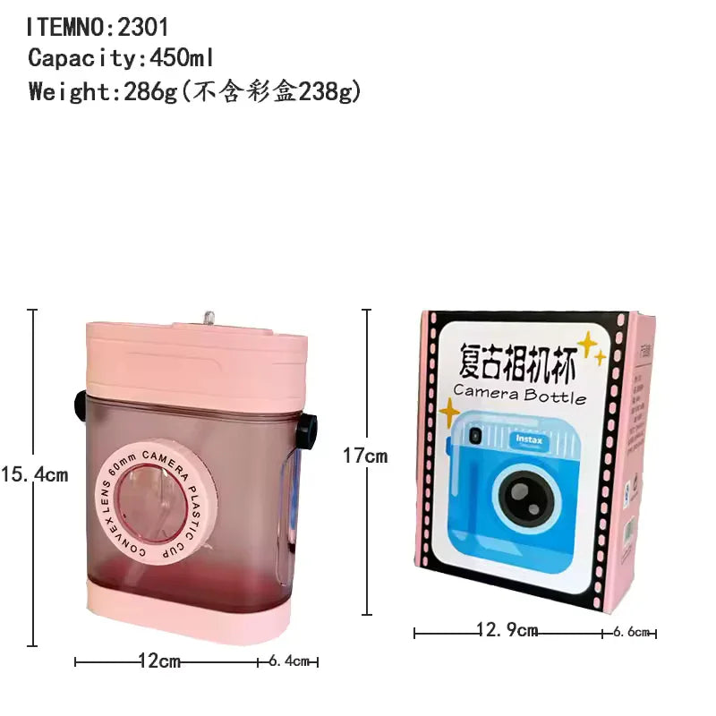 400ml Camera-Shaped Water Bottle – Kawaii Straw Bottle with Strap