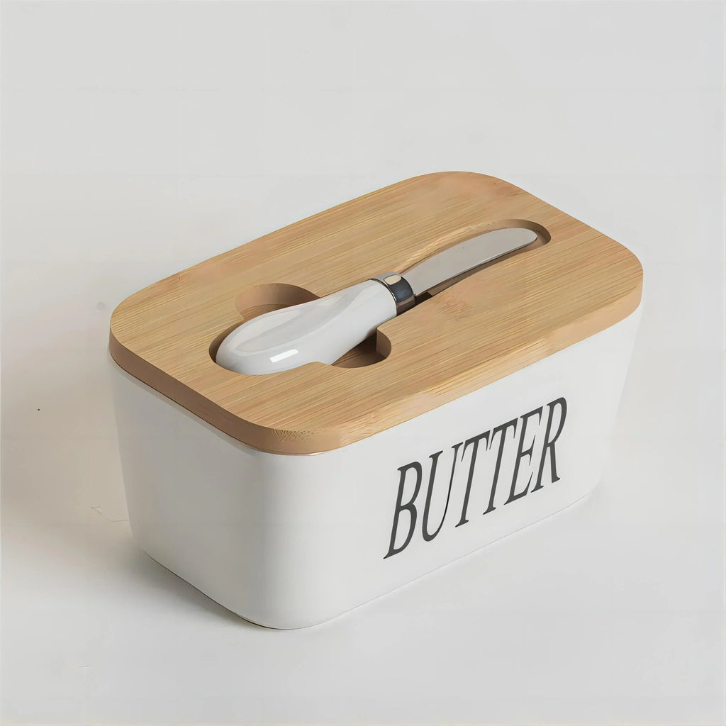 Ceramic Butter & Cheese Container with Wooden Lid
