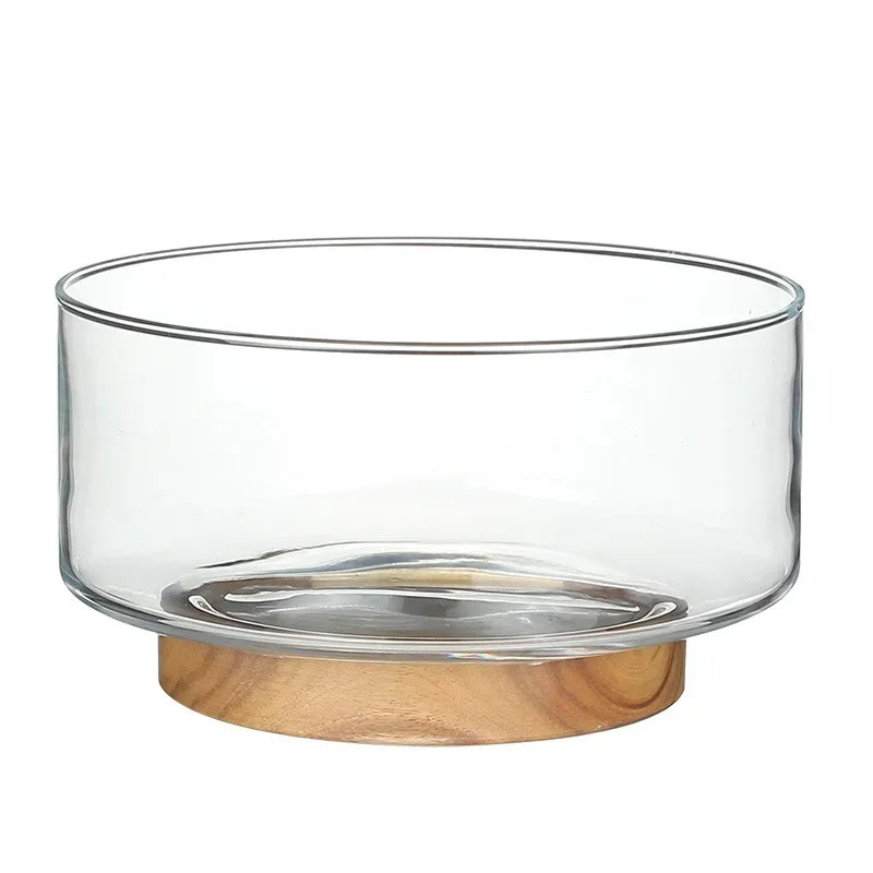 Japanese Style Glass Fruit Plate Holder with Wood Base