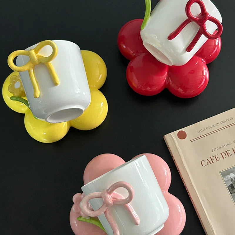 Aesthetic Ceramic Bow Mug Set - Trendy Coquette Coffee Cup Without Spoon (each)