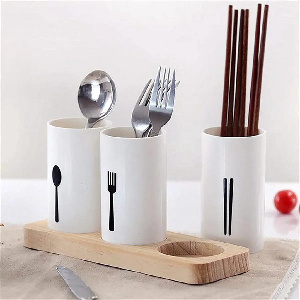 High-Quality Kitchen Utensil Holder with Wooden Base – Large Round Organizer