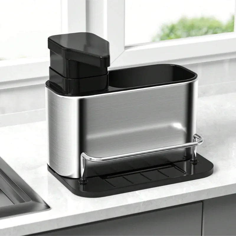3-in-1 Stainless Steel Kitchen Soap Dispenser with Sponge Holder & Sink Organizer