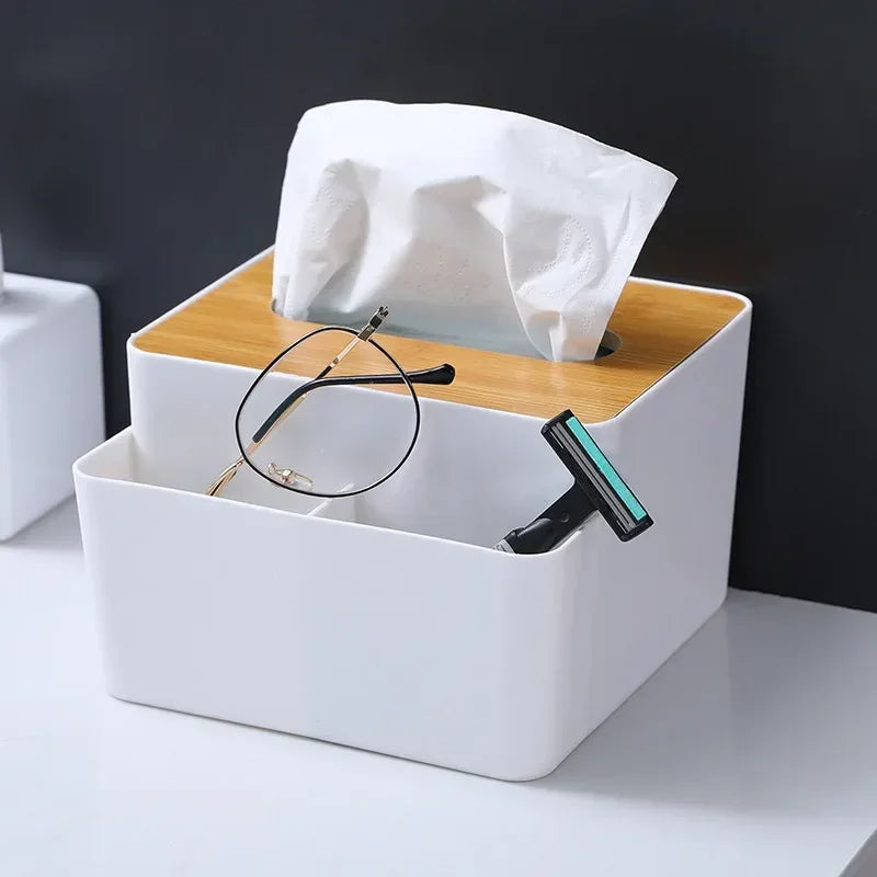 Plastic Tissue Box with Wooden Lid – Modern Home & Office Organizer