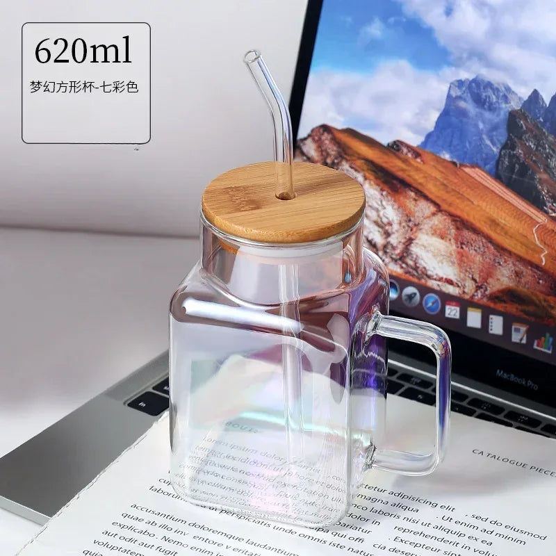 Square Mason Jar with Straw – Glass Drinking Cup (620ml)