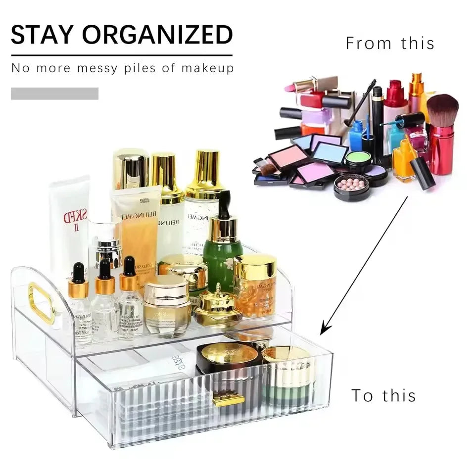 Clear Makeup Organizer with Drawers & Portable Handle