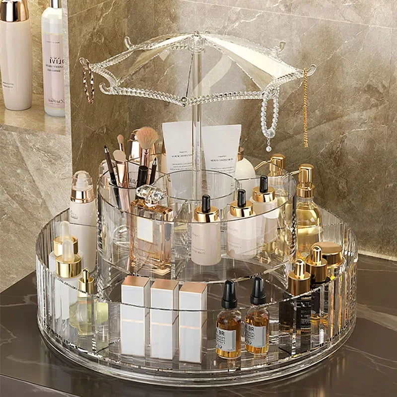 360° Rotating Umbrella Makeup Organizer – Multi-Layer Storage