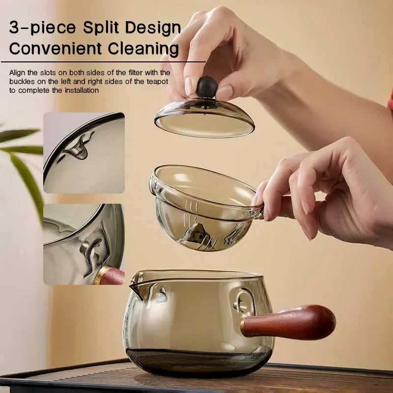 Side Handle Glass Teapot – High-Temperature Resistant Rotating Tea Filter Pot