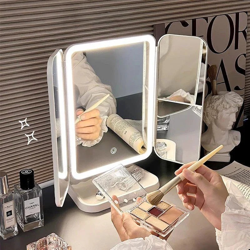 Dual Door 3-Fold LED Makeup Mirror - Touch Control 360° Rotating Vanity Mirror