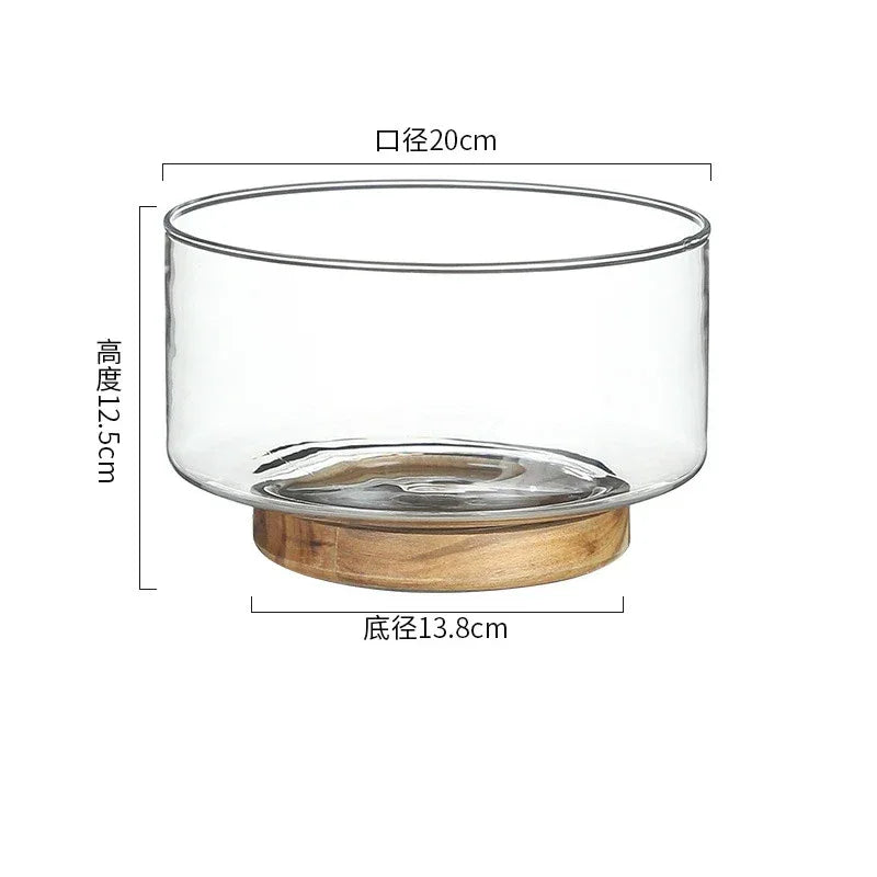 Japanese Style Glass Fruit Plate Holder with Wood Base