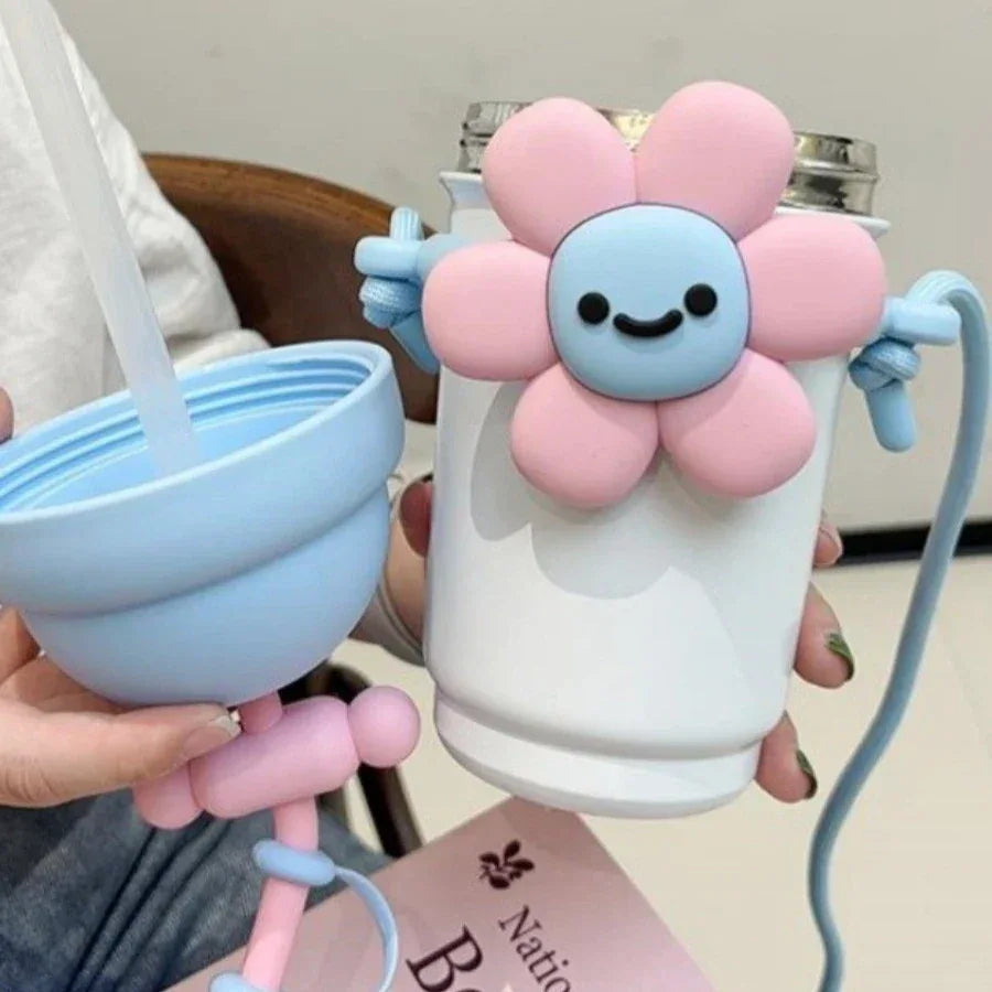 Cartoon Vacuum Straw Cup – Stainless Steel with Carry Rope