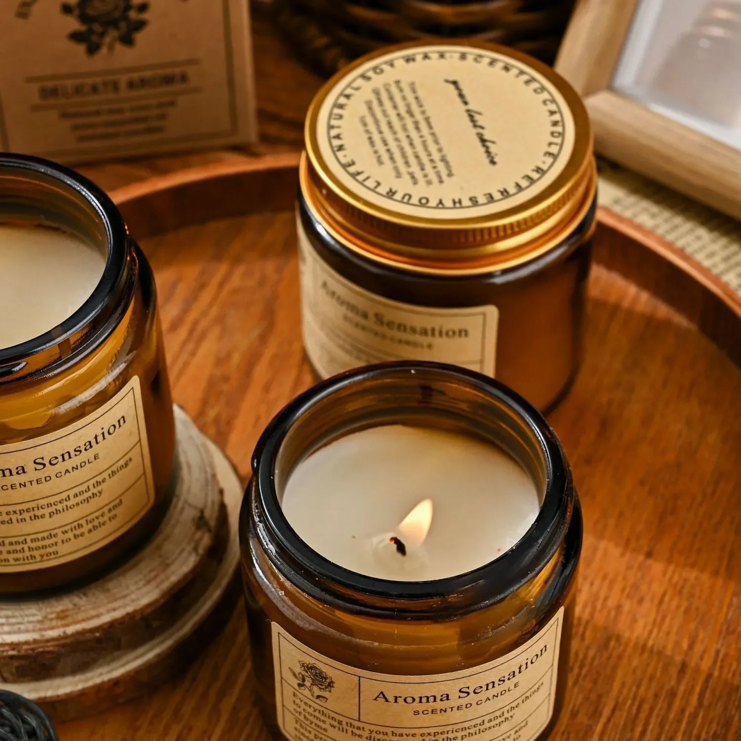 Amber Glass Scented Candle – Handmade Smokeless Vintage Décor
