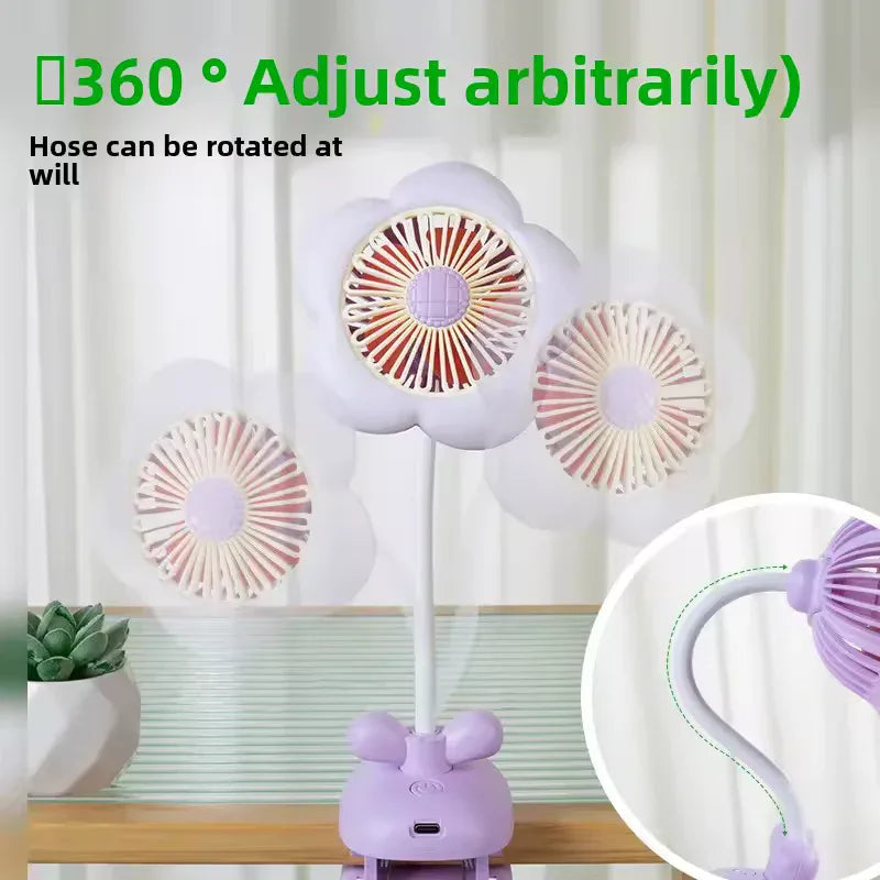 USB Rechargeable Flower Clip-on Fan – 360° Rotation with LED (Random Color)