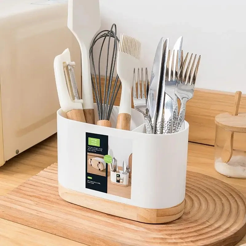 Kitchen Tableware Utensil Holder with Wooden Base – Cutlery Drainer