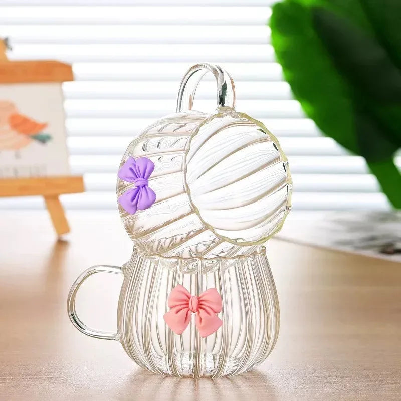 Modern Bow Design Glass Cup – Aesthetic Tea & Coffee Mug