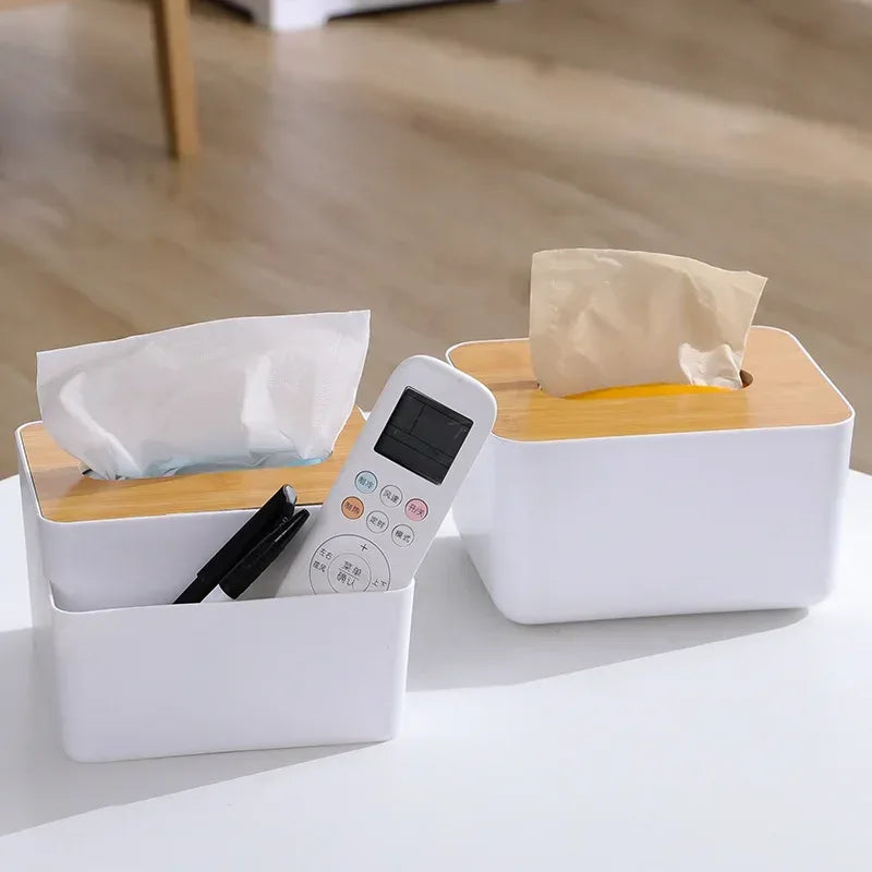 Plastic Tissue Box with Wooden Lid – Modern Home & Office Organizer