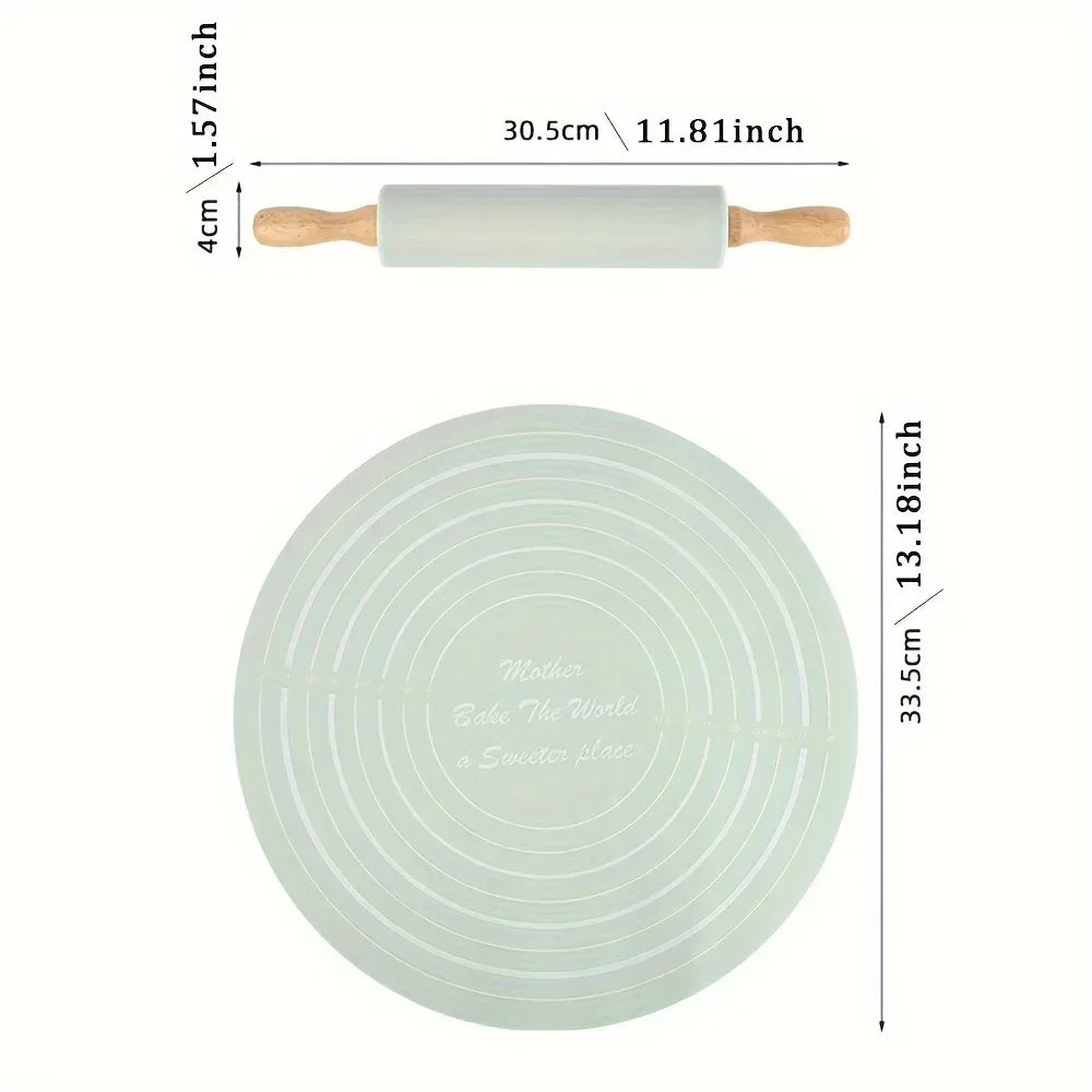 Wooden Rolling Silicone Pin & Baking Mat Set