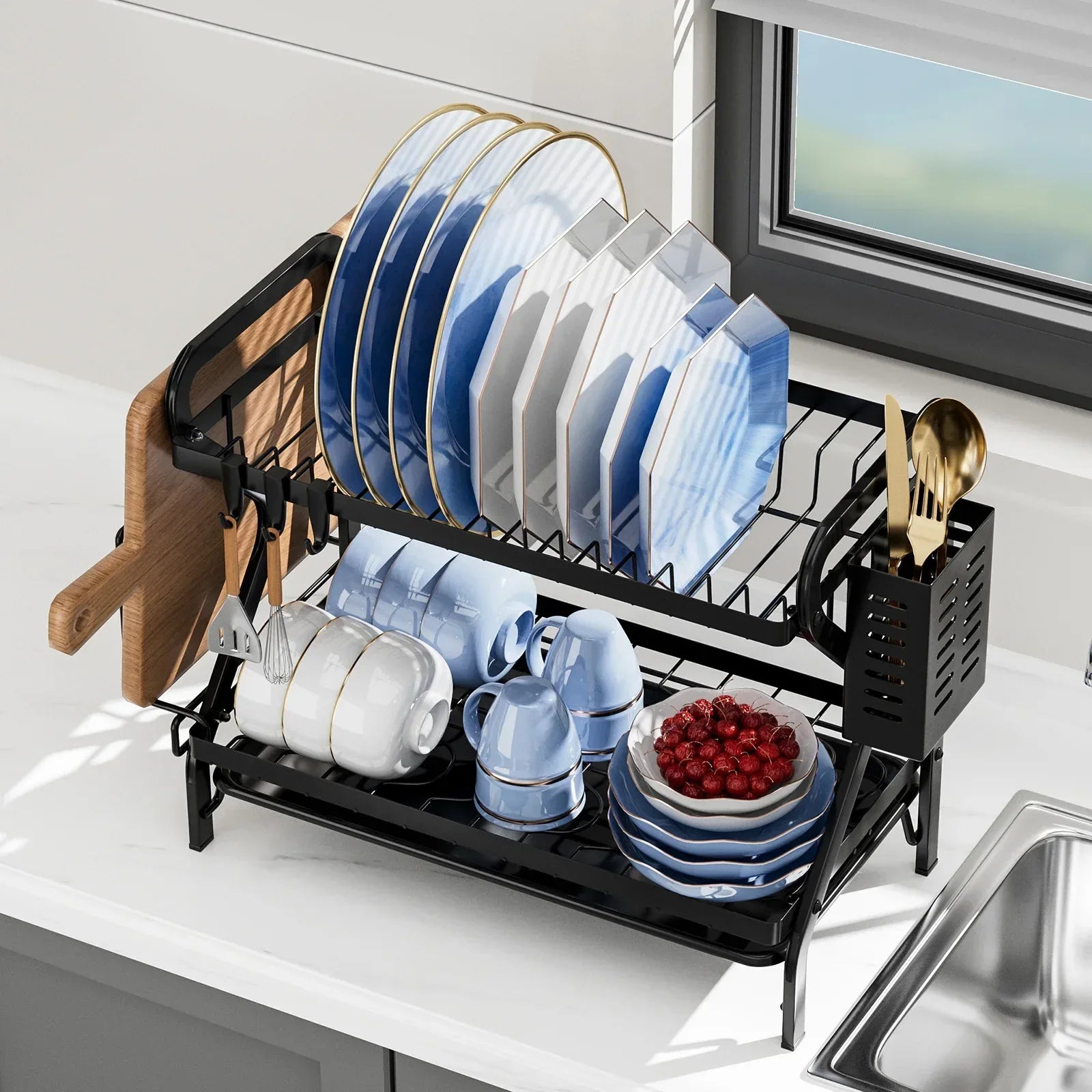 Premium 2-Tier Dish Drying Rack with Drainboard