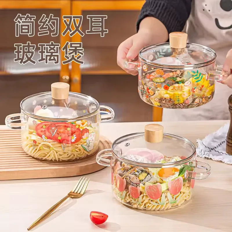Printed High Borosilicate Glass Pot – Heat Resistant Cooking Bowl