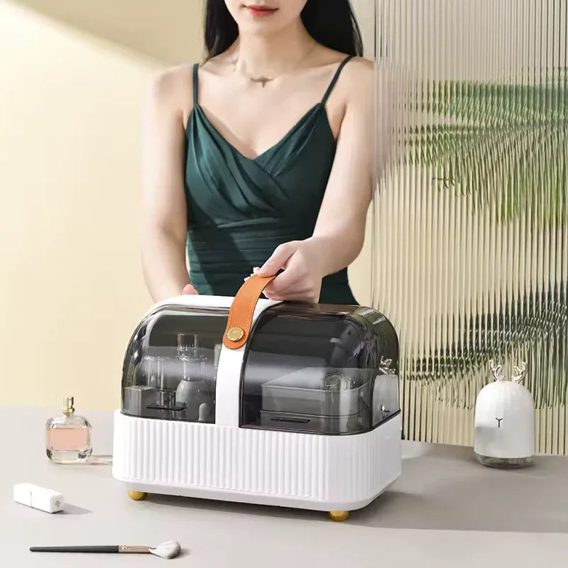 Portable Cosmetics Storage Box – Dustproof Organizer with Lid & Handle
