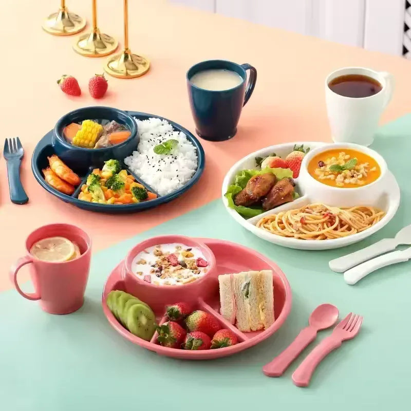 4 Compartment Round Dinner Plate with Fork & Spoon – Microwave Safe