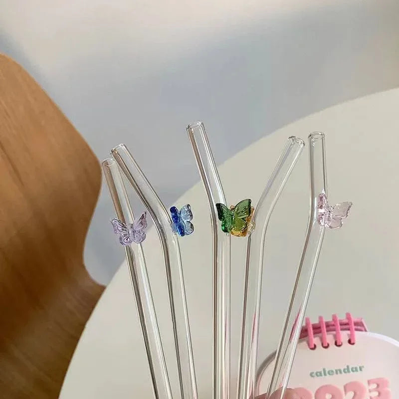 6-Piece Glass Butterfly Straw Set – Reusable Cute Drink Straws