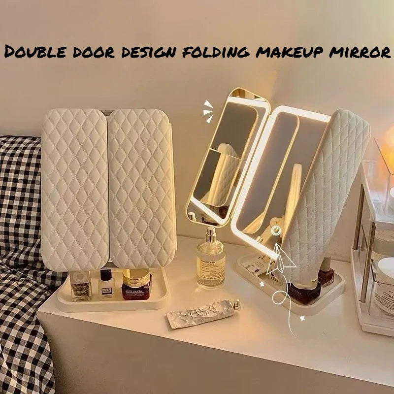Dual Door 3-Fold LED Makeup Mirror - Touch Control 360° Rotating Vanity Mirror