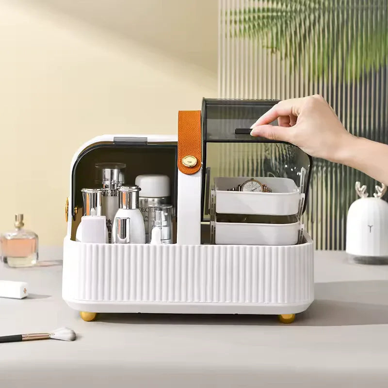 Portable Cosmetics Storage Box – Dustproof Organizer with Lid & Handle