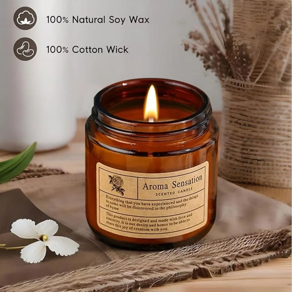 Amber Glass Scented Candle – Handmade Smokeless Vintage Décor