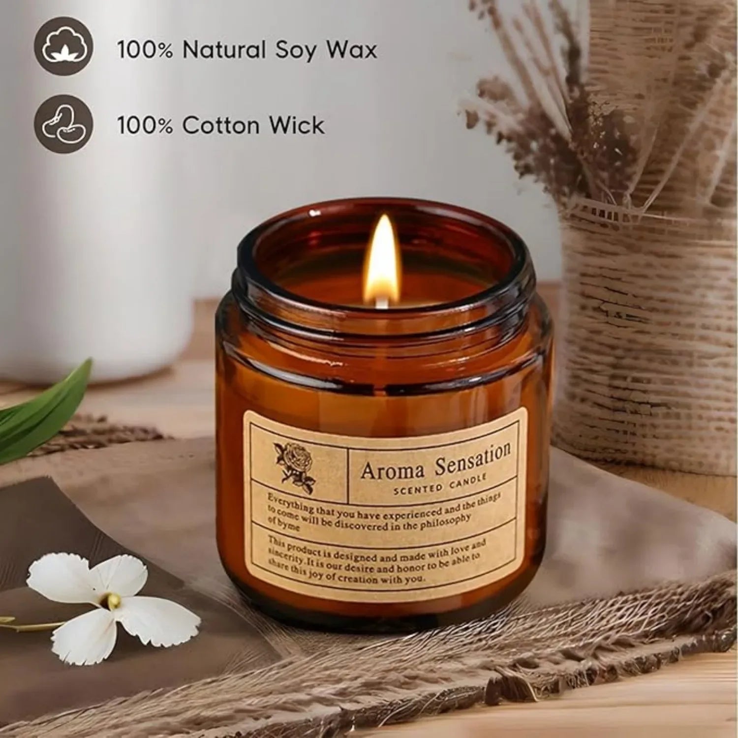 Amber Glass Scented Candle – Handmade Smokeless Vintage Décor