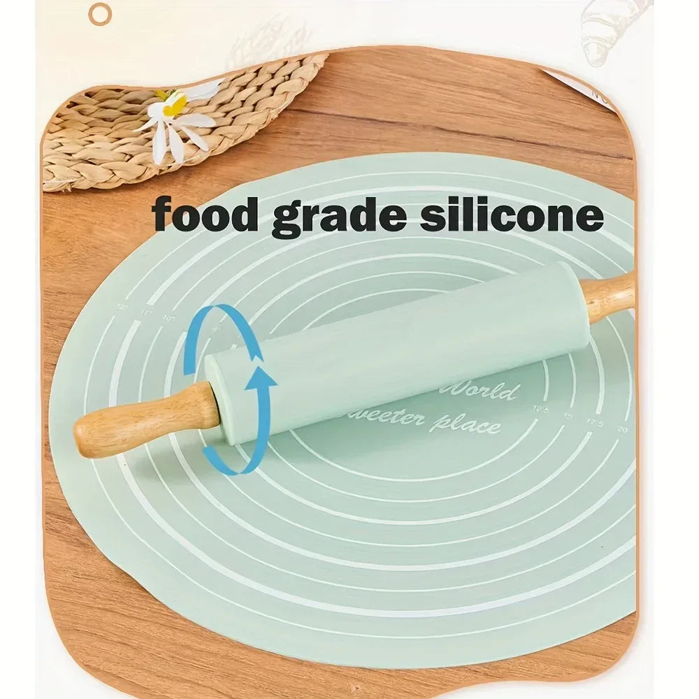 Wooden Rolling Silicone Pin & Baking Mat Set